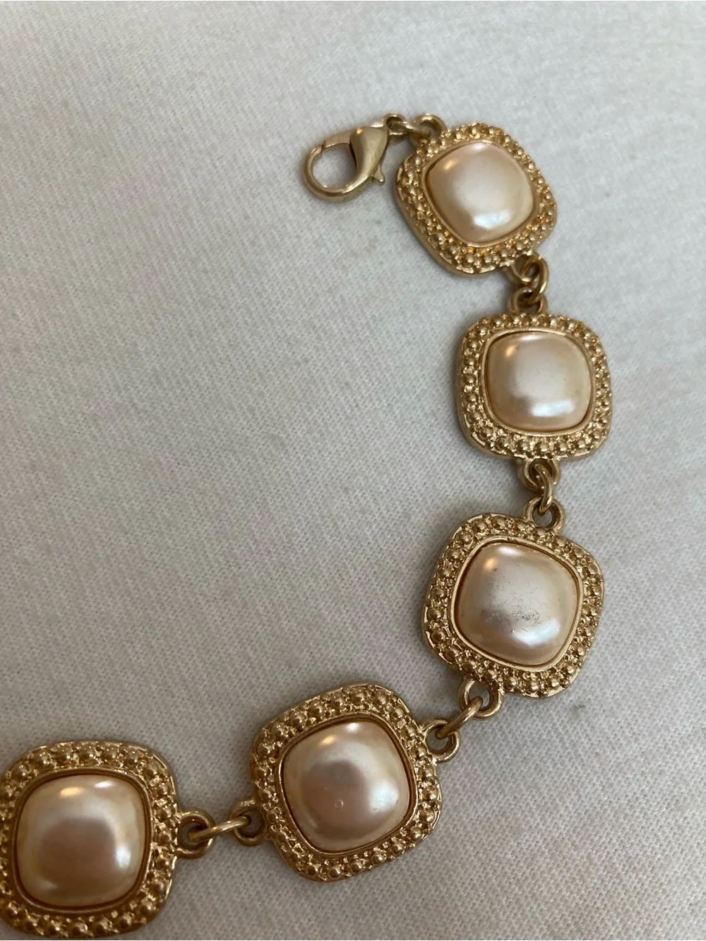 Vintage Gold Tone Panel Link Bracelet with Faux Pearls
